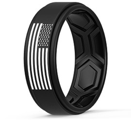 ThunderFit Silicone Wedding Rings for Men, Breathable Airflow Pattern 8mm Wide 2mm Thick - 1/4/5/8 Variety Multipack (Black-Black With Flag - Size 13.5-14 (23mm))