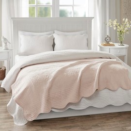 LJLB Add Comfort with Oversized Throw Blanket, Scalloped Edges, Easy Care Microfiber, 60x72 inch, Blush Color