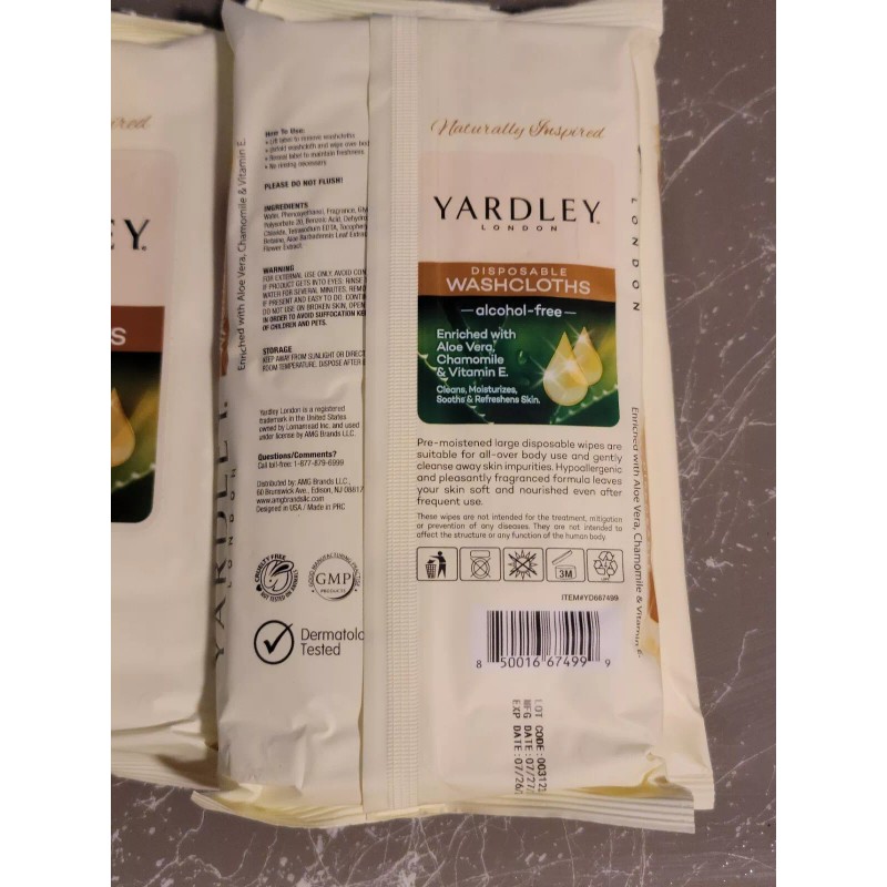 Yardley 5 pks 12X8 Yardley London body wipes 18ct. disposable