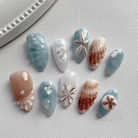 LBPEPAMZ 30Pcs Summer Press on Nails Medium Almond Fake Nails with 3D Pearl Ice Flower Shell Design White French Tip Acrylic False Nails Spring Floral Blue Ombre Full Cover Stick on Nails for Women