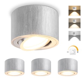 GeyouLux LED Surface-Mounted Spotlight, Dimmable, Extra Flat & 30° Swivel, Diameter 80 x 50 mm, Brushed Aluminium, Includes 5 W 500 LM LED Module 230 V - 3000 K/4000 K/6500 K, Surface-Mounted