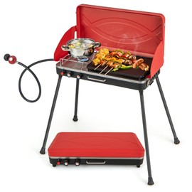 Moccha 2-Burner Propane Camping Stove - Portable Camp Grill w/Dual Control Knobs, Detachable Legs, 3-Sided Wind Screen, 20,000 Total BTUs of Power, Outdoor Grill Stove for Tailgating BBQ Picnic (Red)
