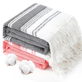 2 Packs Oversized Cotton Turkish Beach Towels Set Bulk 74"x38" Extra Large Sand Free Quick Dry Clearance Swim Bath Camping Pool Towel Travel Blanket Adult Cruise Essentials Accessories Red Black