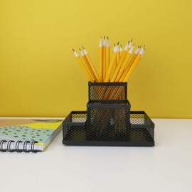 D.RECT Stiftehalter Schreibtisch - Büro Organizer aus Metall - Tisch Organizer, Schreibtischorganizer - Büroablage mit Zettelhalter Mesh, 103x154x103mm Schwarz