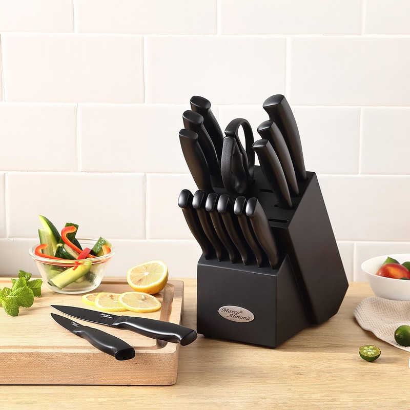 Marco Almond® Kitchen Knife Set with Block and Sharpener MA23,
