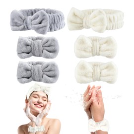 4PCS Spa Headband and Wristband Set for Washing Face, Bow Face Wash Headbands, Soft Skincare Headband, Makeup Headband, Wrist Towels for Washing Face Hair Bands for Women and Girls (Beige+Grey)