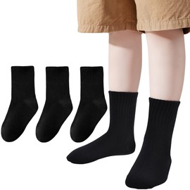 JORMATT 4 Pairs School Kids Boys Socks Girls Cotton Athletic Crew Dress Socks Seamless Toe Unisex, Black Size S 3-5 Years