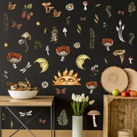 Mushroom Wall Stickers Mushroom Wallpaper Decor Vintage Floral Wall Decals Peel and Stick for Bedroom Rustic Leaves Forest Butterflies Wall Art Mural Vinyl Stickers for Kitchen Living Room Home Decor