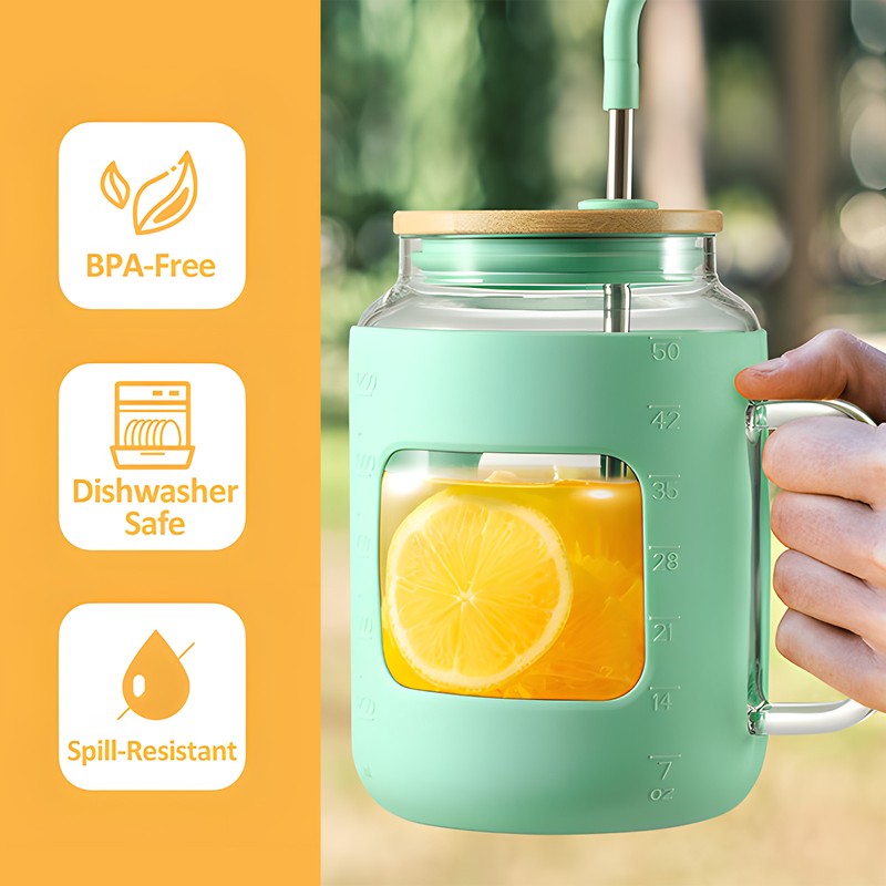 [通拓商品]50oz Glass Cup with Handle Reusable Bamboo Lids Water Bottle
