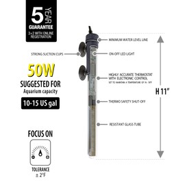 Sicce Scuba 50 Watt Aquarium Fish Tank Heater Preset at 77℉ for Up to 15 Gallons | 50W Submersible for Marine Saltwater and Freshwater | Run Dry Protection