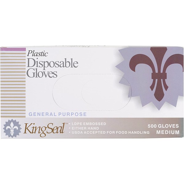 KingSeal Embossed Poly Disposable Gloves, Powder-Free, Latex-Free, Size Medium - 1 Box of 500 Gloves By Weight