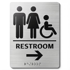 ADA Restroom Sign with Right Arrow & Grade 2 Braille, 8" x 6" Brushed Silver Aluminum Bathroom Sign, Tactile Raised Unisex &Wheelchair Accessible Icons, Commercial Directional Signage for Business＆Office
