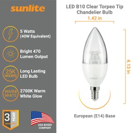 Sunlite 41611 LED B10 Clear Torpedo Tip Chandelier Light Bulb, 5 Watts (40W Equivalent) 470 Lumens, European E14 Base, Dimmable, 2700K Warm White 6 Pack