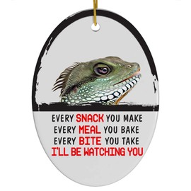 Every Snack You Make I'll Be Watching You Green Bearded Dragon Christmas Ornament - Funny White Oval Ceramic Decoration Gifts for Dragon Lovers