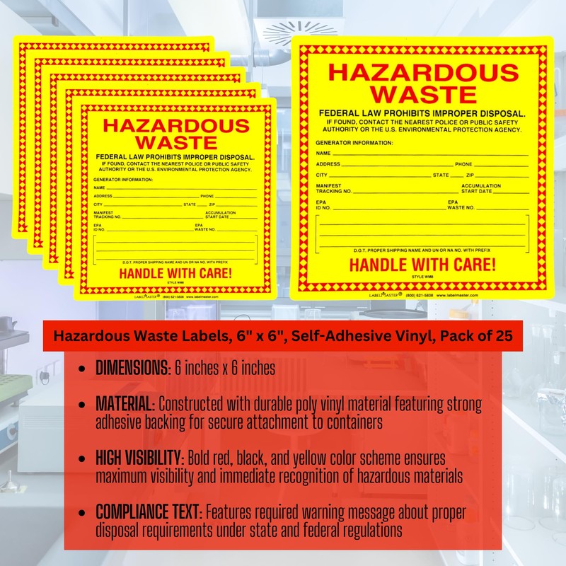 Hazardous Waste Labels, 6 x 6 inches, Red/Black/Yellow, Self-Adhesive Vinyl,