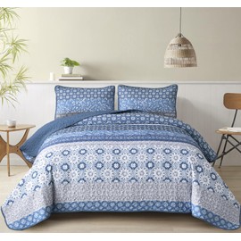 WONGS BEDDING Boho Quilt Set Queen, Blue Bohemian Striped Patchwork Summer Bedspread Coverlet Set with 2 Pillowcases,Lightweight Microfiber Floral Bedding Set 96"×90"