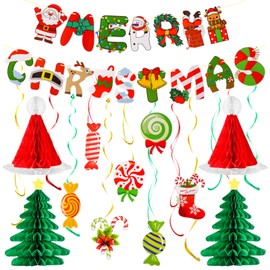 WinTS 18 Pcs Christmas Party Decorations,Merry Christmas Banner,Christmas Hat and Tree Honeycomb Balls,Sock Candy Swirl Streamers for Christmas Party,Winter Holiday Supplies