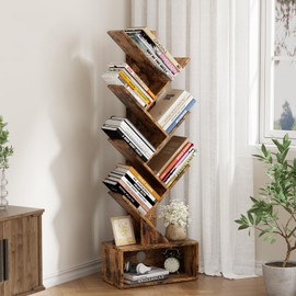 Flycity Tree Bookshelf, 6 Tier Small Bookcase with Storage, Wood Tall Narrow Bookshelf Organizer for CDs/Books, Floor-Standing Book Shelves for Bedroom, Living Room, Home Office, Corner, Rustic Brown