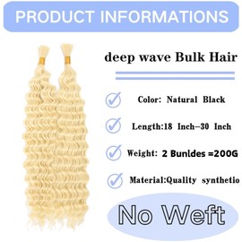 Deep Wave Bulk hair 20Inch No Weft Deep Wave Bulk Hair for Braiding Wet and Wave Quality Synthetic Braiding Hair Extensions for Boho Braids Micro Braiding (2Pack 200g 613#)