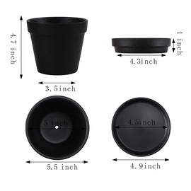 Fcacti 5.5 Inch Black Clay Pot for Plant with Saucer - 6 Pack Large Terra Cotta Plant Pot with Drainage Hole, Flower Pot with Tray, Terracotta Pot for Indoor Outdoor Plant