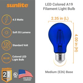 Sunlite 81080 LED Colored Filament A19 Light Bulb, 4.5 Watts, Medium E26 Base, 120 Volts, Transparent Blue, Dimmable, 320 Degree Beam Angle, UL Listed, 2 Count