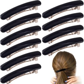 STSTR 10PCS French Barrette Hair Clips for Women, 2.48 Inch Small Tortoise Shell Hair Clip, Curved Glossy Thin Hair Flat Hair Accessories for Women - Black, Oval Style