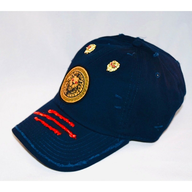 Damier Langevinè® Trendy Distressed Navy Blue Designer Baseball Cap Lion