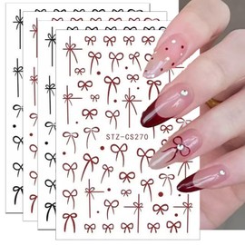 Bow Nail Stickers for Nail Art 6PCS Bow Nail Decals 3D Self-Adhesive Black White Red Bow Nail Stickers Shiny Clear Diamond Nail Design Supplies Bow Stickers Cute Nail Stickers for Women Nail Decor