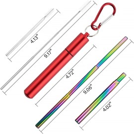Foweroty 2 Pack Collapsible Stainless Steel Drinking Straws, Metal Reusable Straws, Travel Retractable Straws with 2 Aluminum Case, 2 Cleaning Brush, and 2 Keychains, Cruise Ship Essentia(Red&Blue)