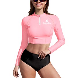 Women Summer Crop Swimming SPF Swim Rashguard Surf Sunscreen Sun Protection Swimsuit Pink S