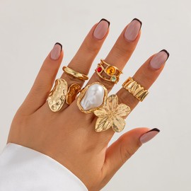 Sora Tuki Chunky Gold Rings for Women Statement Gold Rings Set Non Tarnish Pearl Flower Rings for Women Stackable Knuckle Ring Chunky Jewelry (1 - Gold 6 pcs)