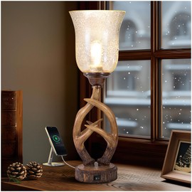 Scenekoy Antler Table Uplight Lamp for Living Room Bedroom, 20.5” Resin Memory Function Bedside Lamps with Glass Shade, Rustic Nightstand Lamp with USB Ports for Home Room Decor (Bulb Included)