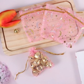 SUMAJU 100 Pieces Moon Star Organza Jewelry Candy Bags, 2.7x3.5 Inch Sheer Pink Organza Pouch Small Gift Bags with Drawstring for Valentine's Day Wedding Baby Shower Birthday Party Favors