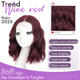 Eawwii Wine Red Short Wavy Wig for Women Lace Hairline Bob Style Synthetic Heat Resistant - Natural Appearance for Everyday Hairstyle 14 Inch