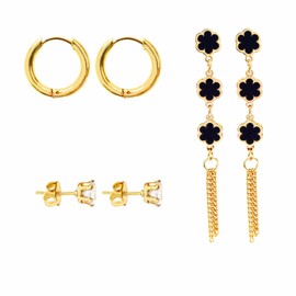 Xizhounianfeng 3-Piece Earring Sets for Women - Chain earring+Gold Hoop & Ear stud, Cute hypoallergenic earrings a boon for those with allergies,Great gift for women(six leaves black)