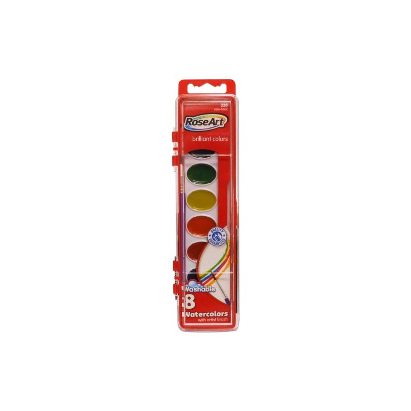 RoseArt 8-Color Washable Watercolors with 1 Paintbrush, Packaging May Vary