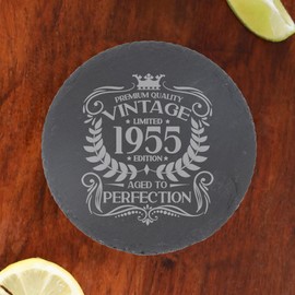 70th Birthday Gift for Men Vintage 1955 Aged to Perfection Engraved Slate Coaster Present for 70 Year Old Etched Natural Slate Placemat (Round Slate)