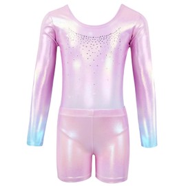 Gogokids Girls Three-Piece Gymnastics Leotards, Long Sleeve Gymnastics Set with Shorts and Hairband, Sparkling Ballet Dancing Unitards - Gymnastics Outfit with Gradient Color Design for 11-12 Years