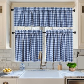 COTTON CRAFT Café Curtains - Tier Window Treatment Curtains - Blue and White Gingham Check 3 Pack Set with Valance - 100% Cotton Kitchen Farmhouse Country Rustic Laundry Bedroom Curtain Set