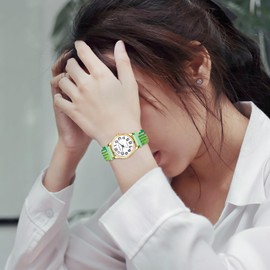 Oidea Braided Rope Elastic Strap Watch: Unisex Easy Reader Watch Large Face Big Number Analog Quartz Wrist Watch Business Casual Green Expansion Band Wristwatch, Gold Dial, L