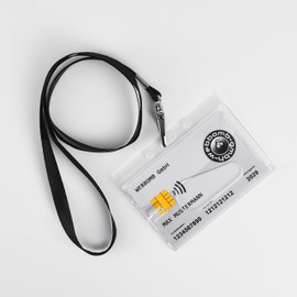 ID Card Holder Hard Plastic ID Card Holder Horizontal with Thumb Slot for ID Cards Name Tags ID Card Protective Case Transparent + 360° Neck Strap Lanyard Black