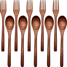 Patelai Wooden Spoons Forks Set Wood Dinner Utensil Set Reusable Flatware Tableware Set Handmade Natural Cutlery Set Includes Wood Spoon Fork for Cooking Stirring Eating(10 Pieces)