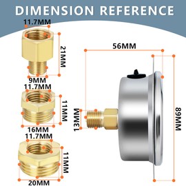 Innfeeltech 1-Pcs 60 mm Flange Panel Mounting Pressure Gauge BSP 1/4 Inch 0-21 Bar 0 ~ 300 Psi with 2 Pieces Socket 1/4 Inch to 3/8 Inch, 1/4 Inch to 1/2 Inch and 1 Piece Hex Nipple Reducing 1/4 Inch