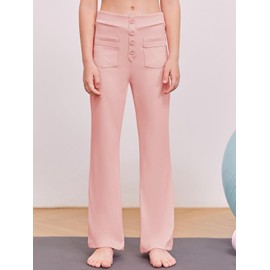 Haloumoning Girl's Flare Pants Kids High Waisted Button Multiple Pockets Yoga Bootcut Pants Full Length Bell Bottoms Pink