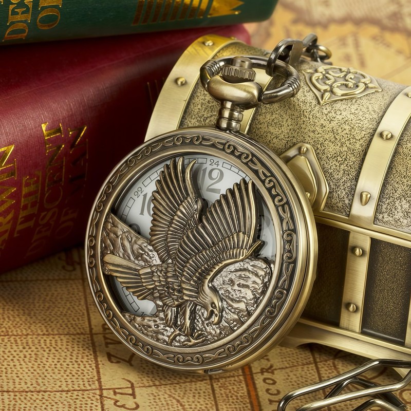 DerMacht Pocket Watch with Chain Oversized 50MM Quartz Steampunk Hollowed
