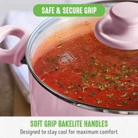 GreenLife 6QT Ceramic Nonstick Stockpot with Glass Straining Lid, PFAS-Free, Dishwasher Safe, Stay-Cool Handles, Oven Safe to 350°F, Wobble-Free Base, Even Heating, Pink