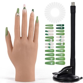 Vnmcry Practice Hand for Acrylic Nails Silicone Fake Hands Mannequin Flexible Bendable Manicure Nail Practice Hand with Stand and 528 Pcs Nail Tips