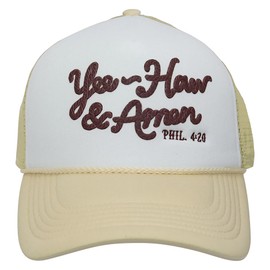 Kerusso - Yee-Haw and Amen Phil. 4:20 - Polyester - Women's Mid-Rise Trucker Hat - One Size Fits Most, Tan and White