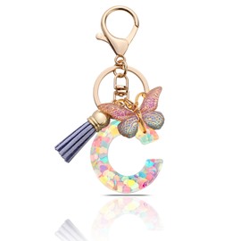 MORSUNBELA Keyring Letter Keyring Girl Key Ring Initial Letter Keyring Butterflies for Women, Violet c, S