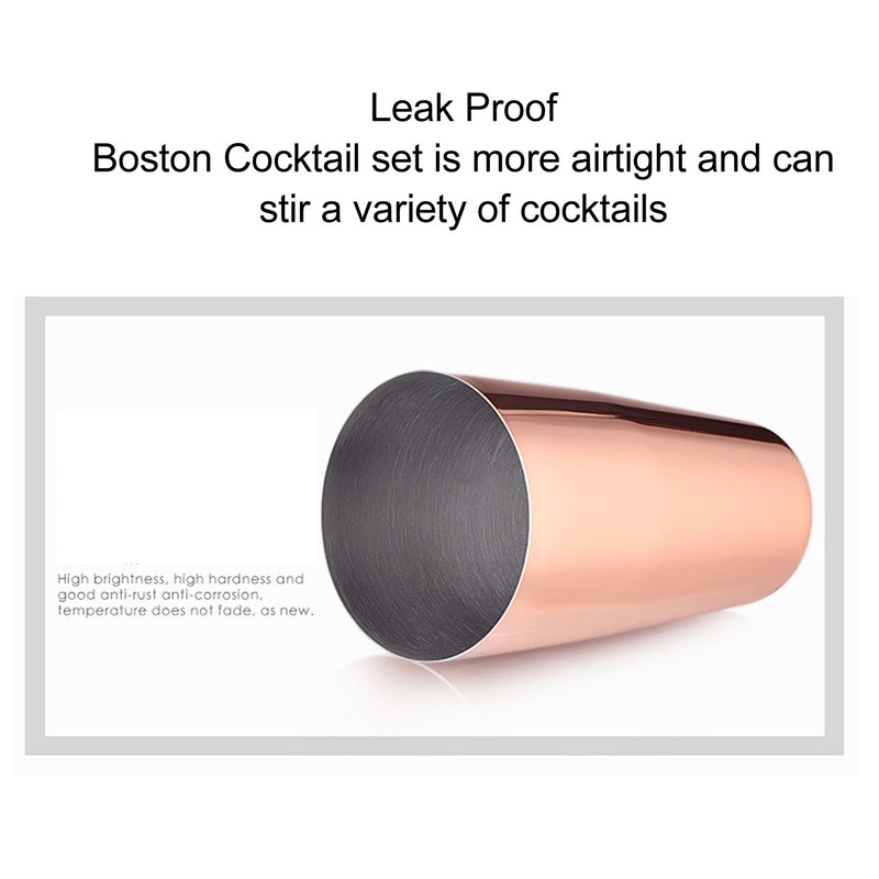 Boston Cocktail Shaker Stainless Steel Rose Gold Glossy Surfaces Leakproof